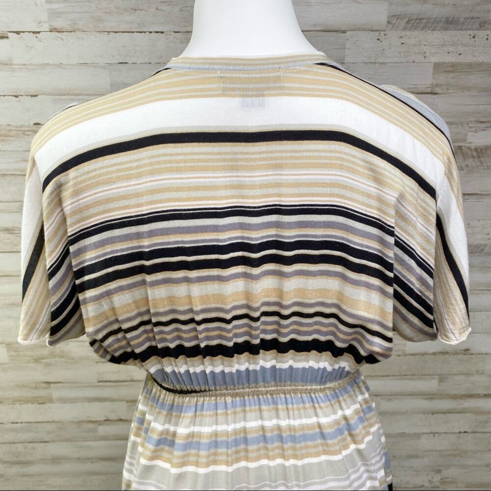 Hale Bob Silk Blend Faux Wrap Dress Womens Size S Tan Black Striped - Picture 8 of 13